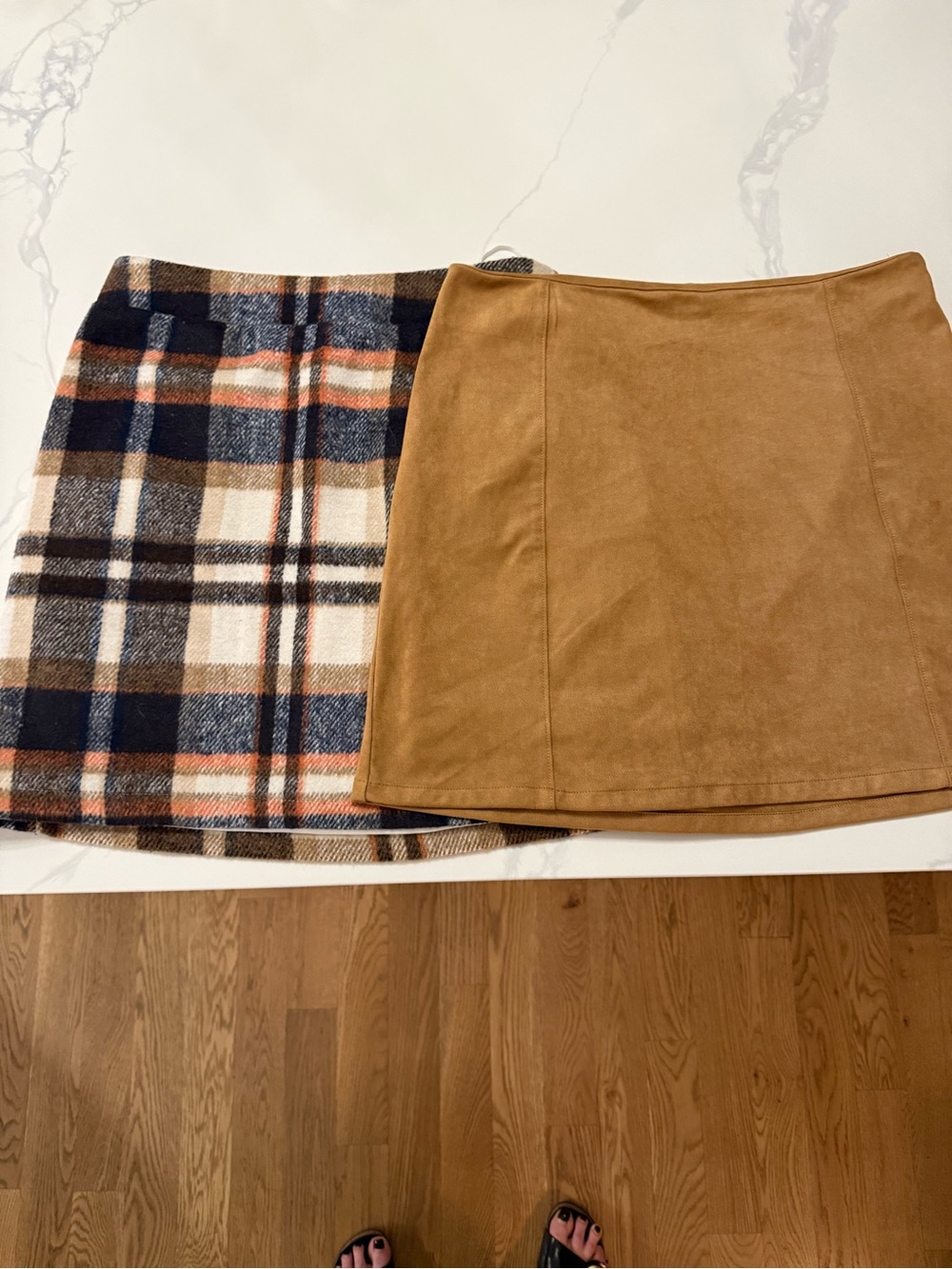 Two Womens Mini skirts, Plaid wool  and Tan Suede Mini Skirt Duo